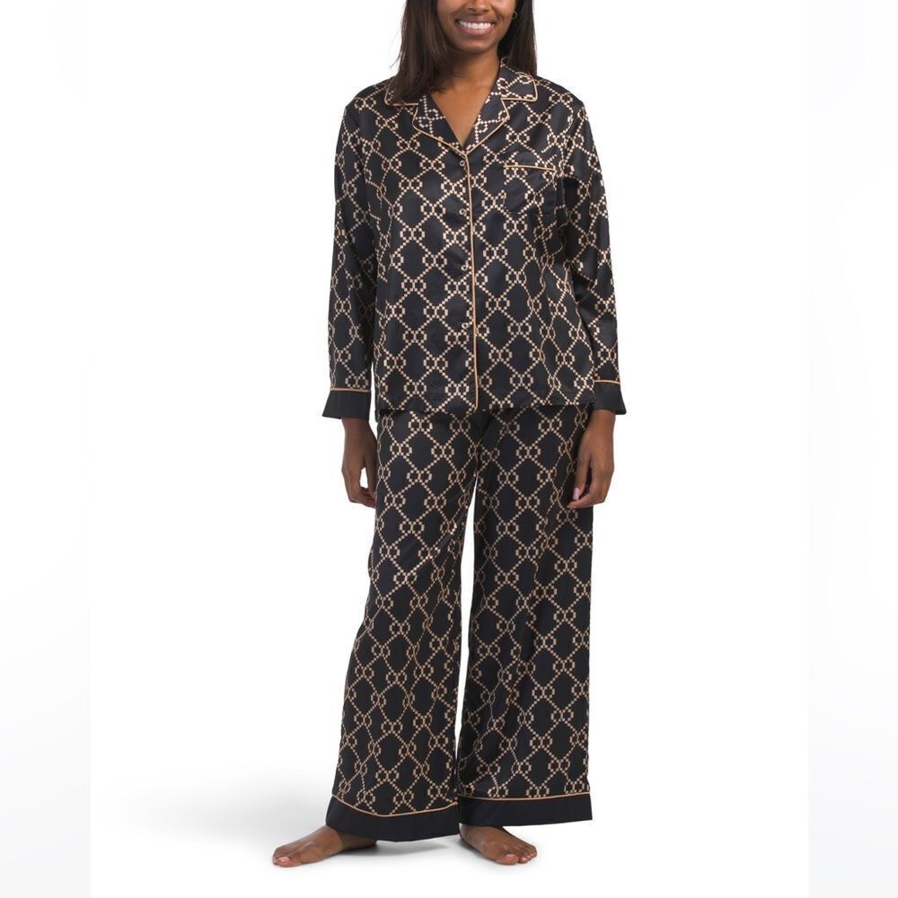 DALIA MACPHEE Black Gold Satin Geo Print Floral 2 pc Notched Long Sleeve PJ Set
